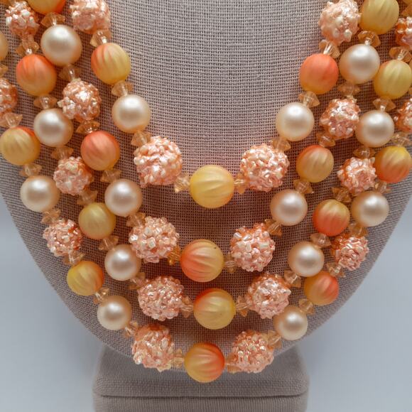 Vintage Hong Kong Lucite Necklace 4-Strand 22" Orange Peach Multi Bead - Picture 3 of 11
